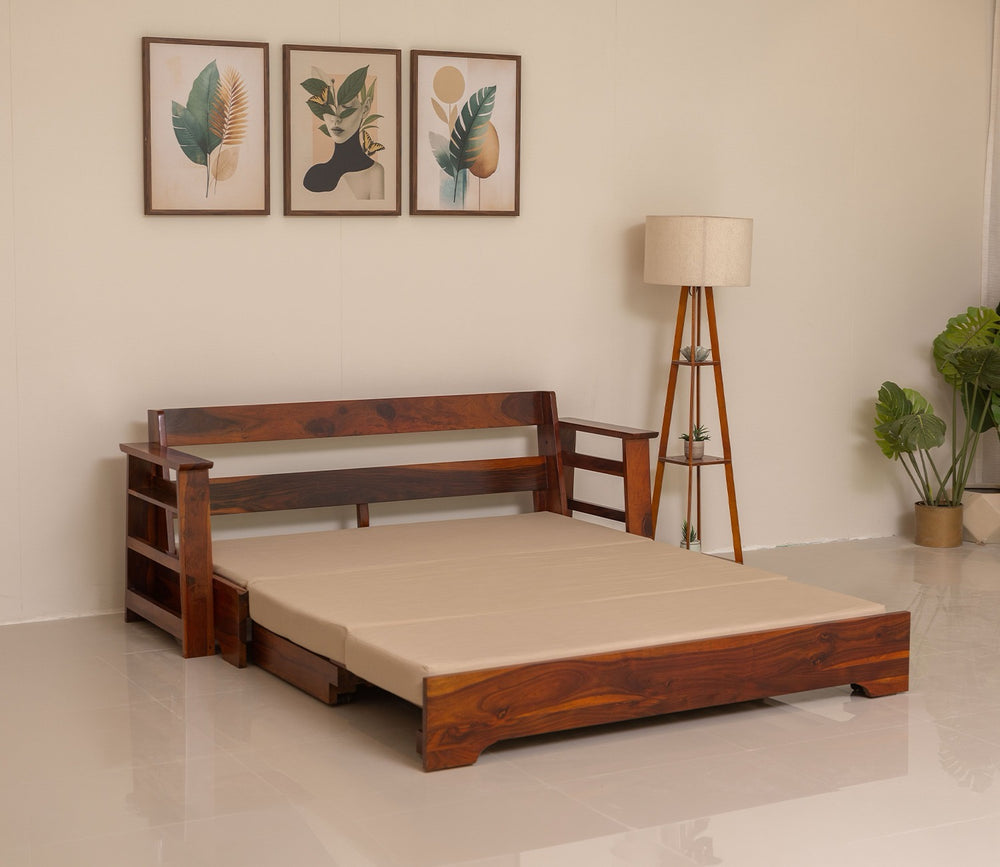 Sheesham Wood Sofa Cum Bed With Armrests - Honey finish Arina Living