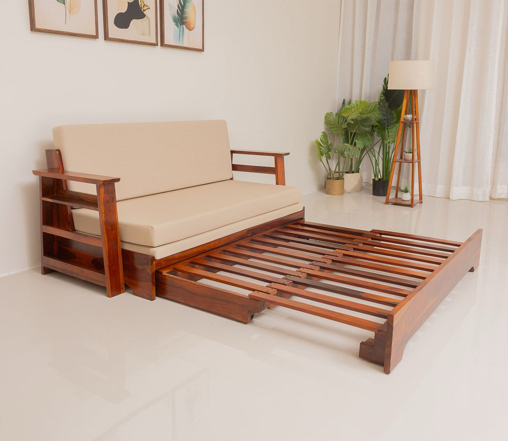 Sheesham Wood Sofa Cum Bed With Armrests - Honey finish Arina Living