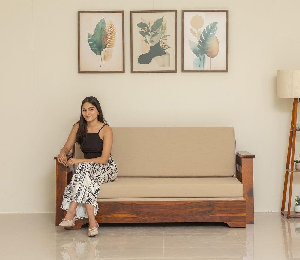 Sheesham Wood Sofa Cum Bed With Armrests - Honey finish Arina Living
