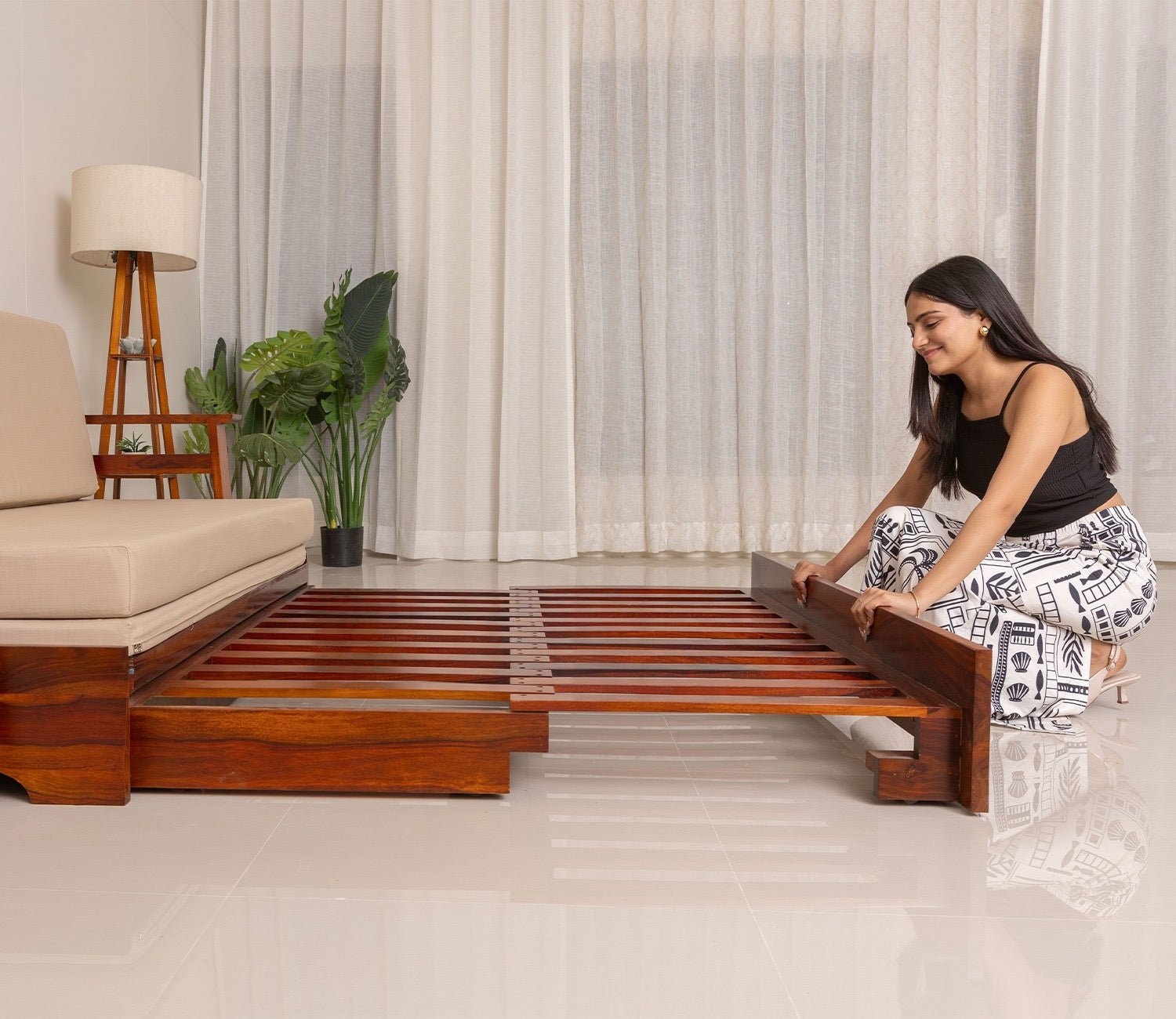 Sheesham Wood Sofa Cum Bed With Armrests - Honey finish Arina Living