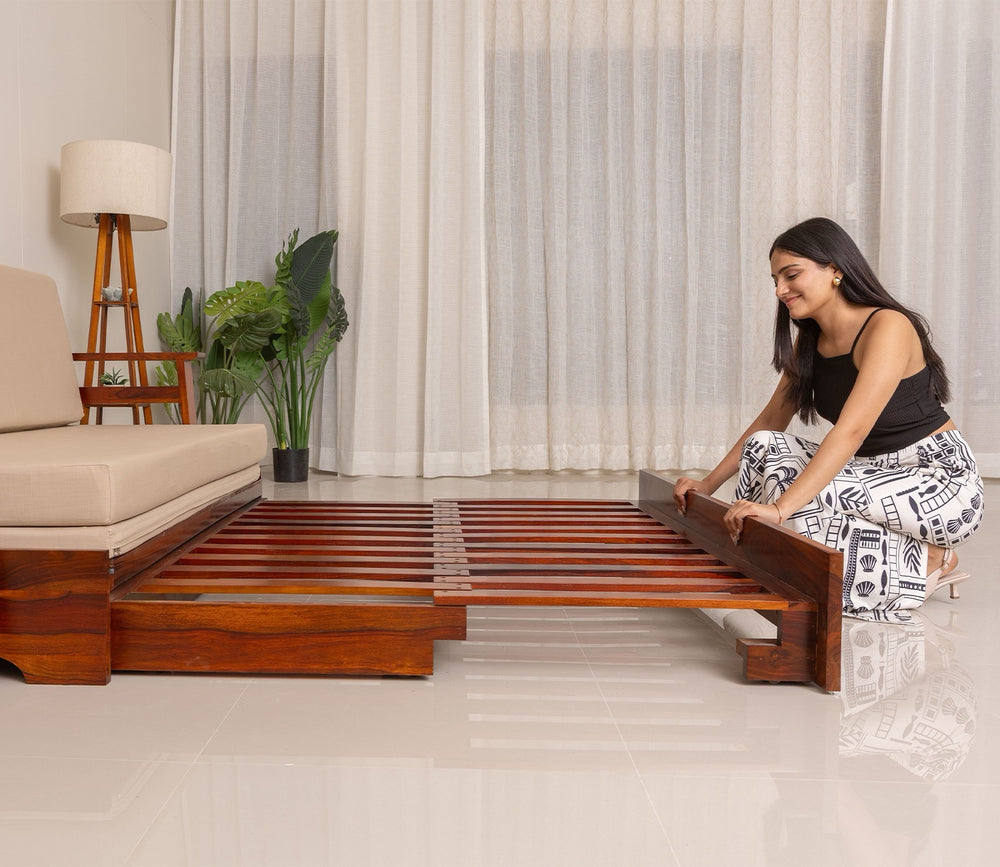 Sheesham Wood Sofa Cum Bed With Armrests - Honey finish Arina Living