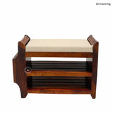 Kasie Solid Sheesham Wood Shoe Rack with Cushioned Seat & Storage Shelves – Honey Finish