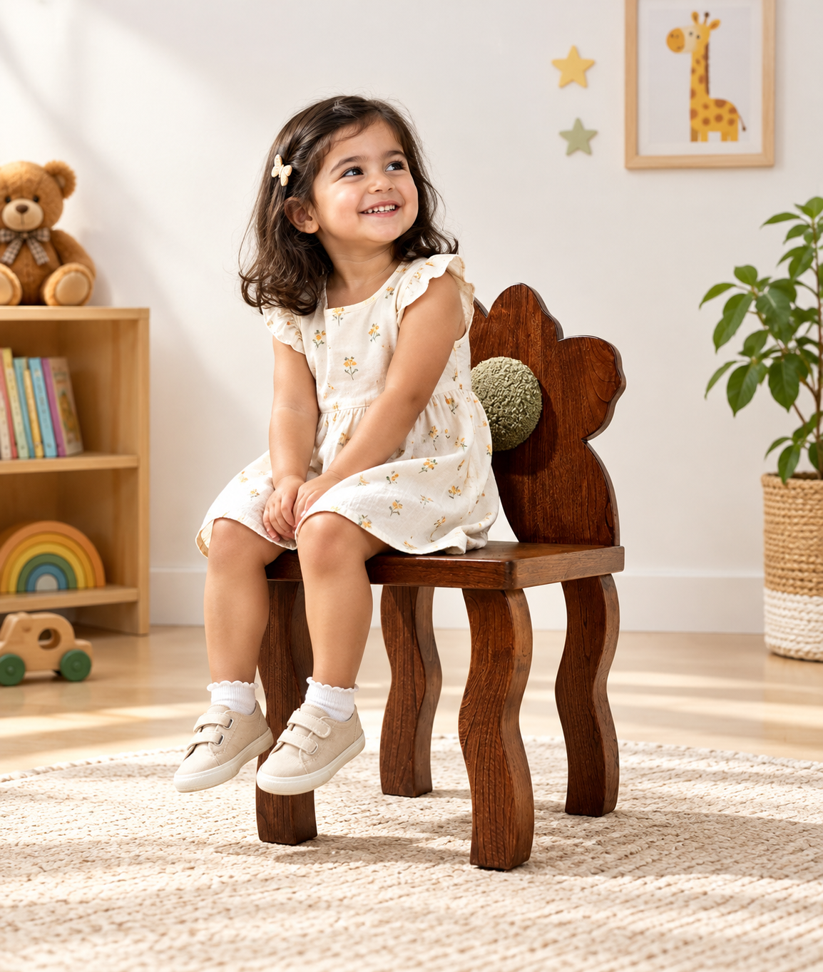 **Acacia Wood Kids Flower Chair – Premium Honey Finish** Arina Living