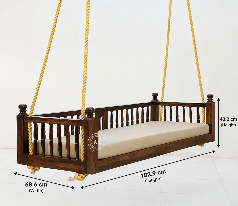 Sheesham Wood Swing Chair with Fabric Seat – Walnut Finish Arina Living