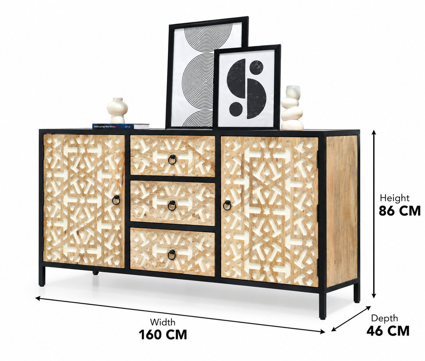 Franko Solid Mango Wood & Iron 3 Drawer 2 Door Sideboard Arina Living