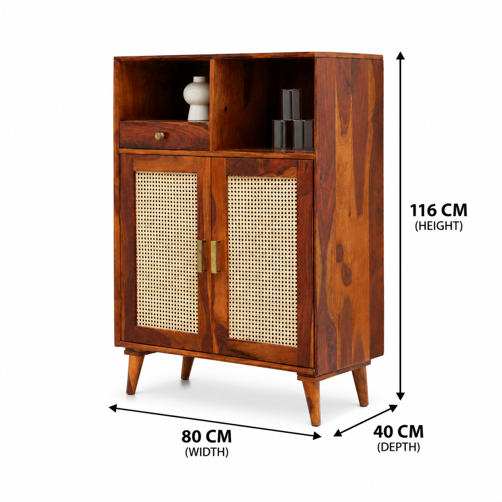 Mint Sheesham Wood Bar Cabinet with Cane Doors & Storage – Honey Finish Arina Living