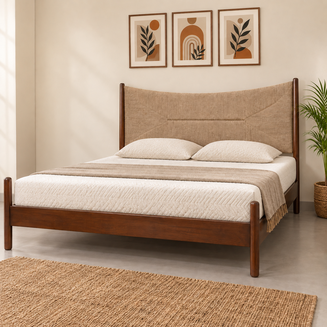 Teak Wood King Size Bed Without Storage - Walnut Finish with Jute Headboard Arina Living