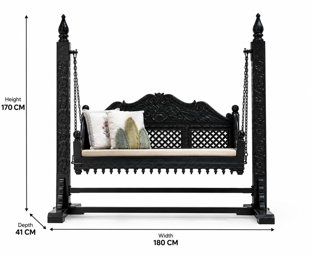 Pulse Solid Mango Wood Carved Swing (Jhula) – Black Finish Arina Living