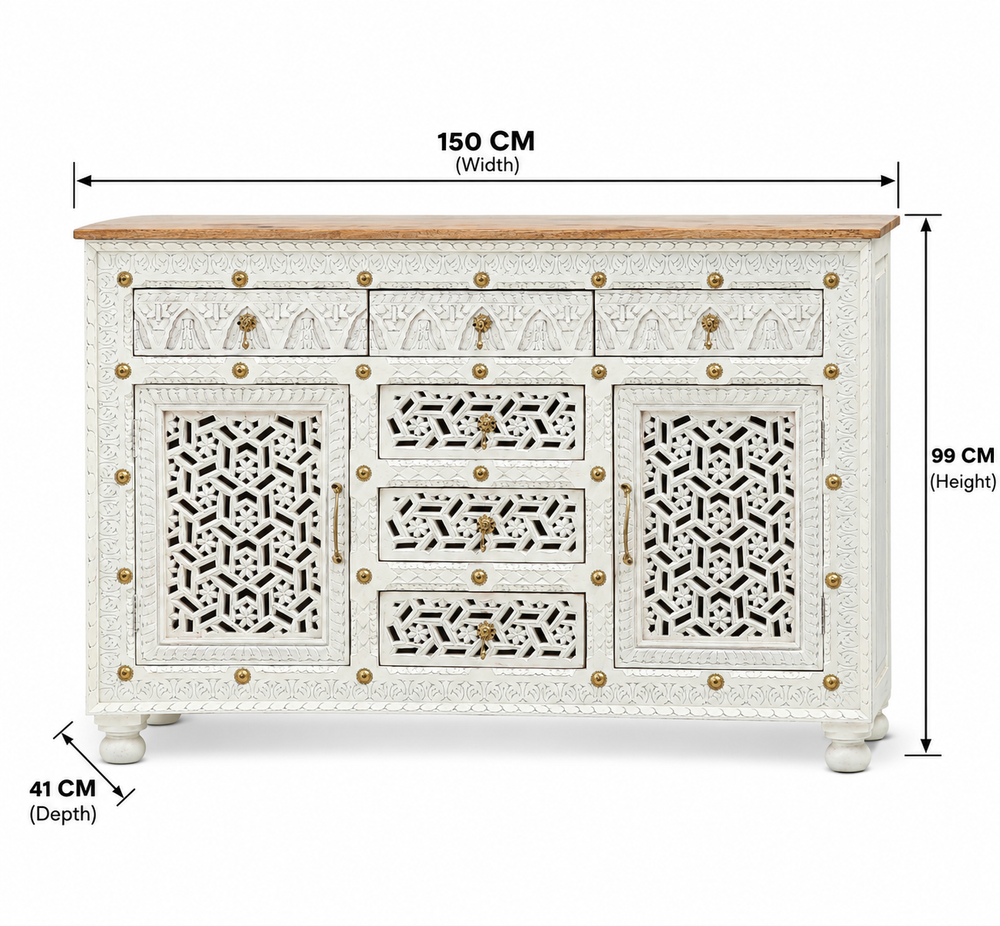 Crotzer Solid Mango Wood Carved Sideboard – White Finish Arina Living
