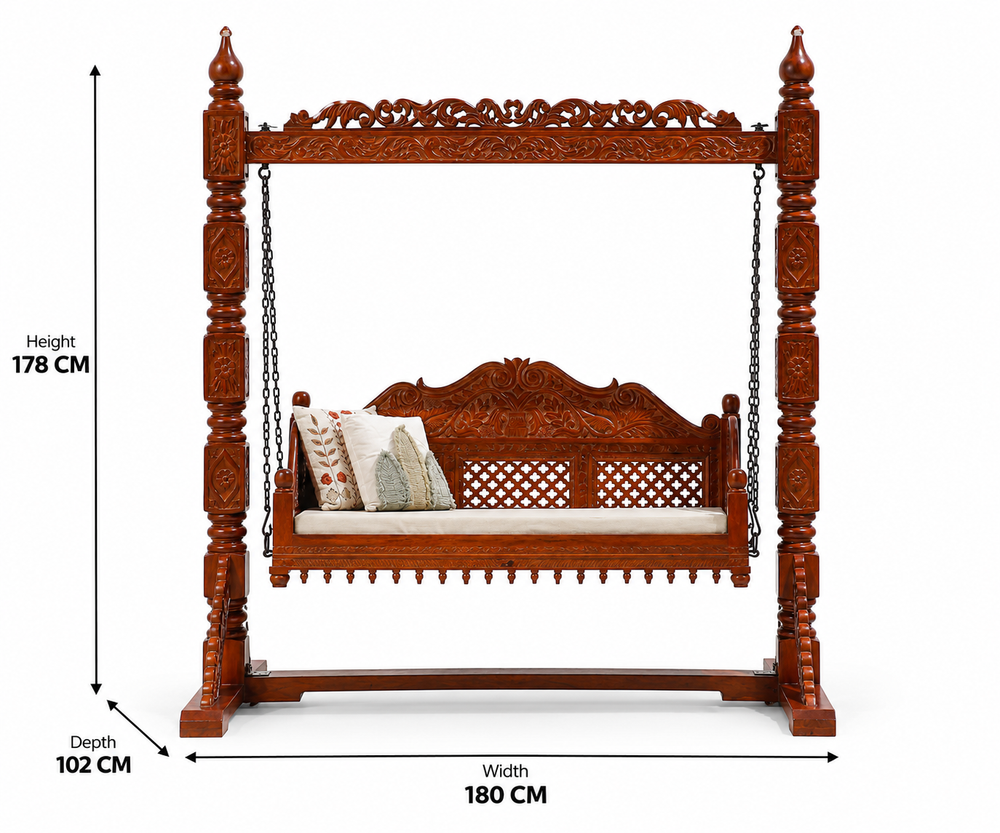 Regis Mango Wood Hand-Carved Swing (Jhula) with Stand – Honey Finish Arina Living