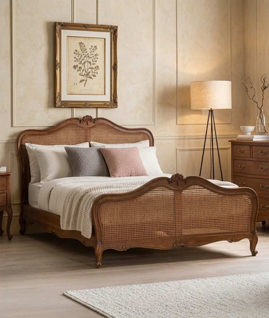 Lucian king size bed with rattan work (teak finish)