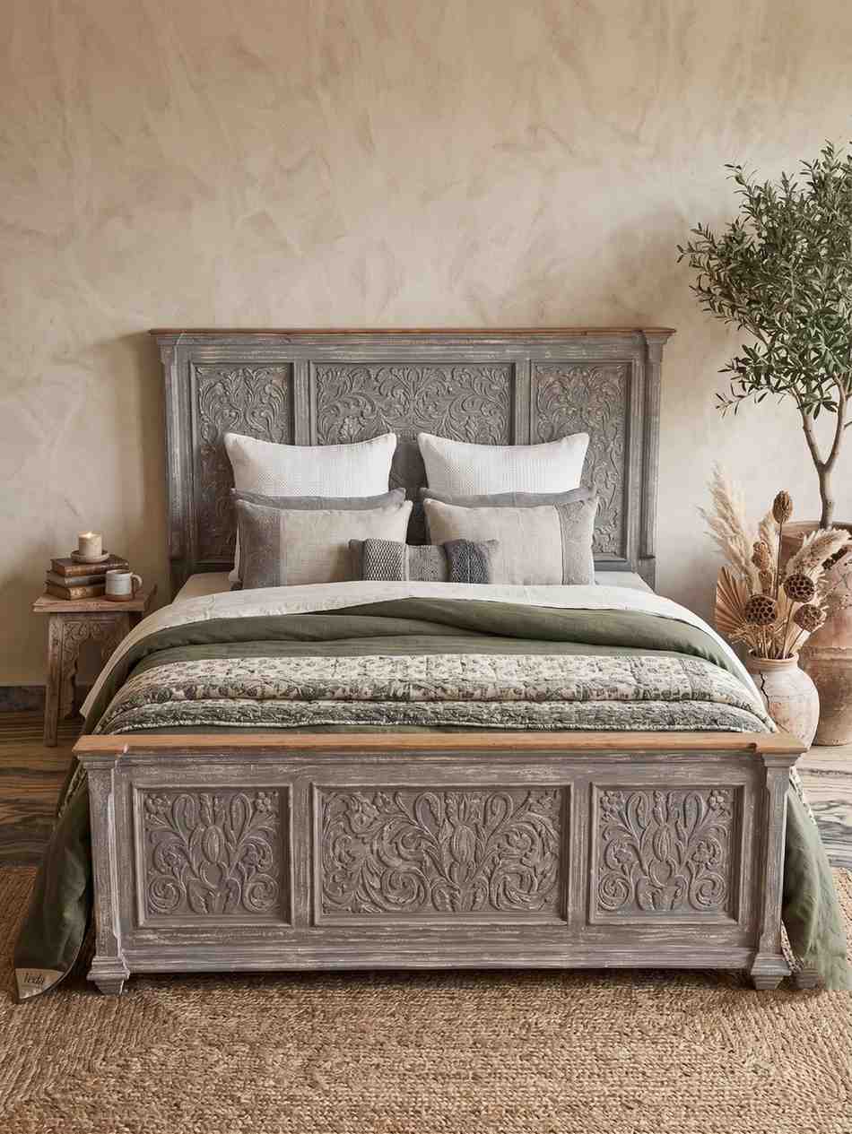 Christer carved bed with drawer storages (grey finish)