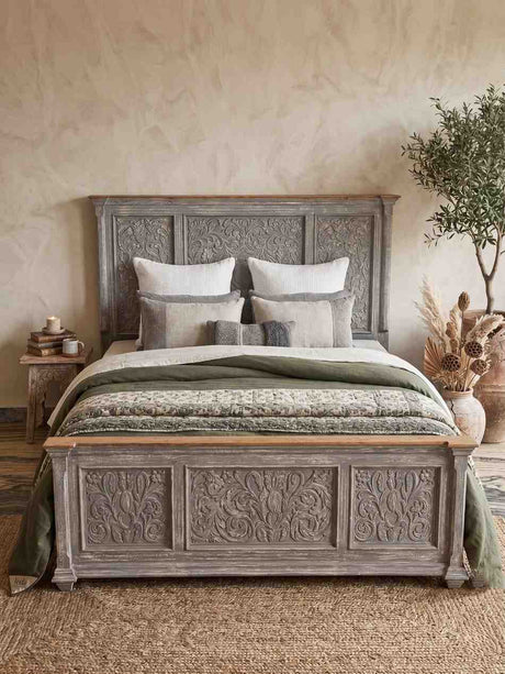 Christer carved bed with drawer storages (grey finish) Arina Living