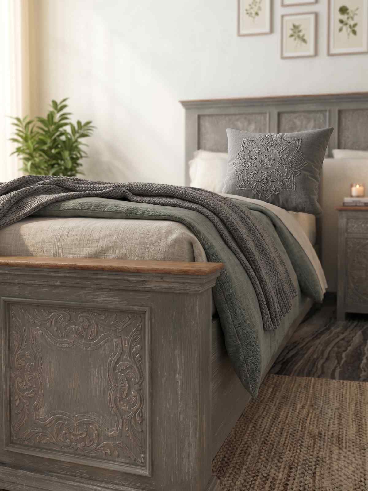 Riott King size carved bed (grey finish)