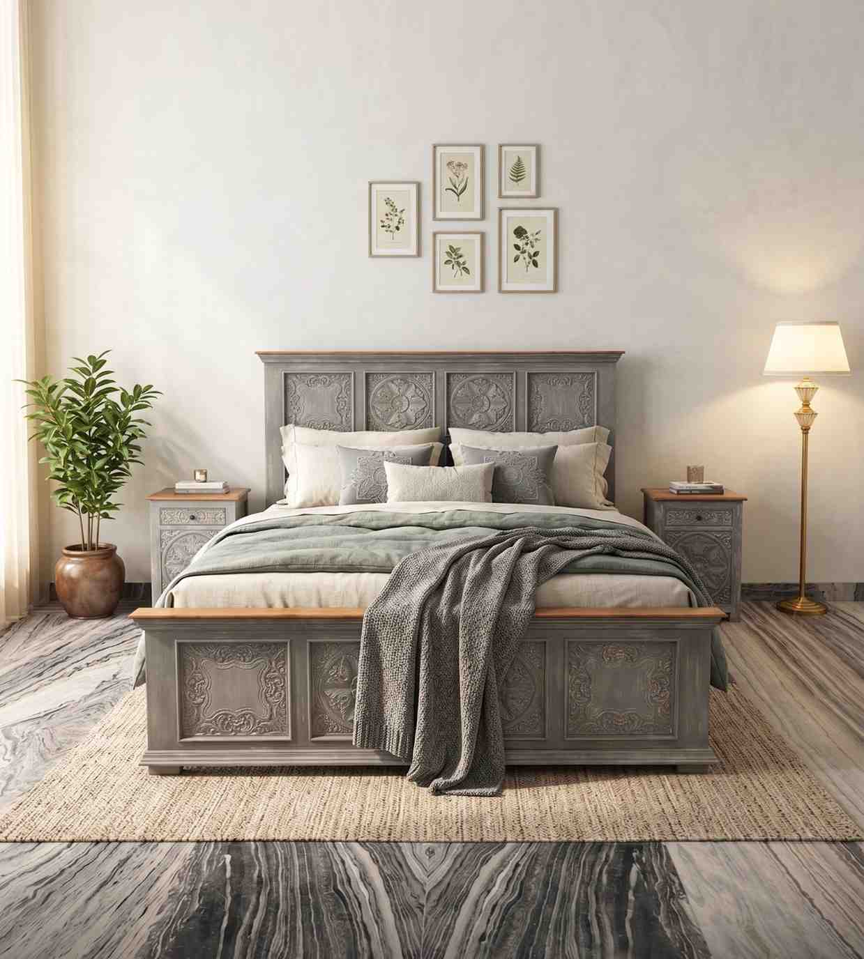 Riott King size carved bed (grey finish)