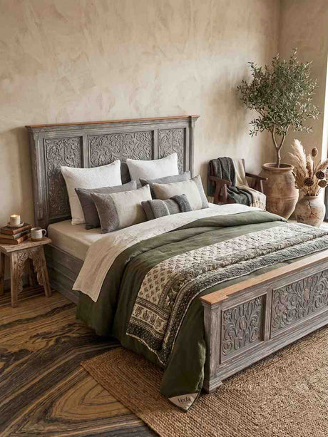 Christer carved bed with drawer storages (grey finish) Arina Living