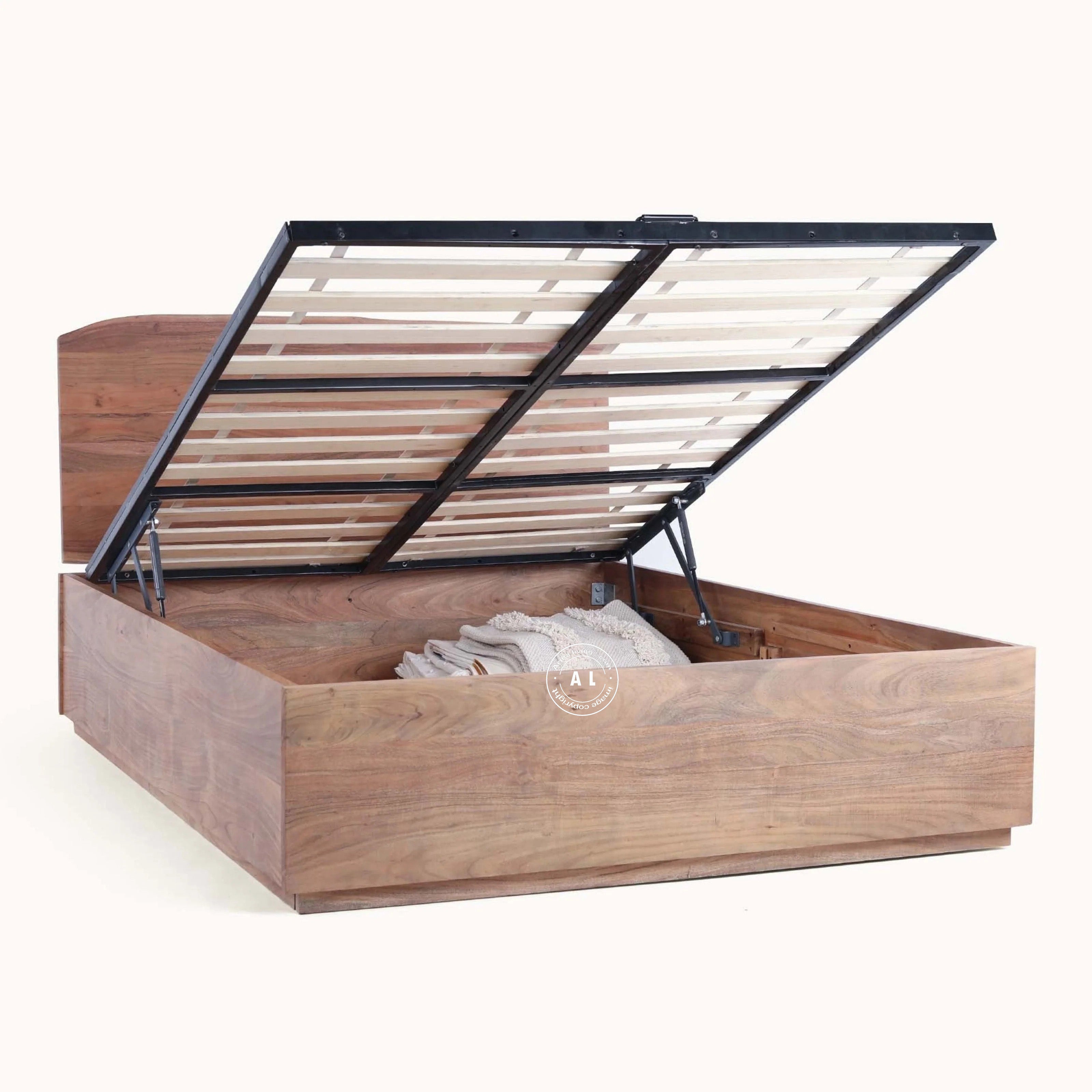 Acacia Wood Hydraulic Bed With Storage - King Size, Natural Finish Arina Living