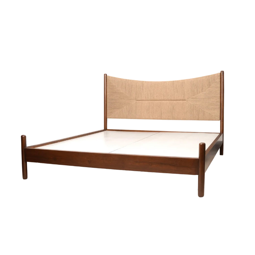 Teak Wood King Size Bed Without Storage - Walnut Finish with Jute Headboard Arina Living
