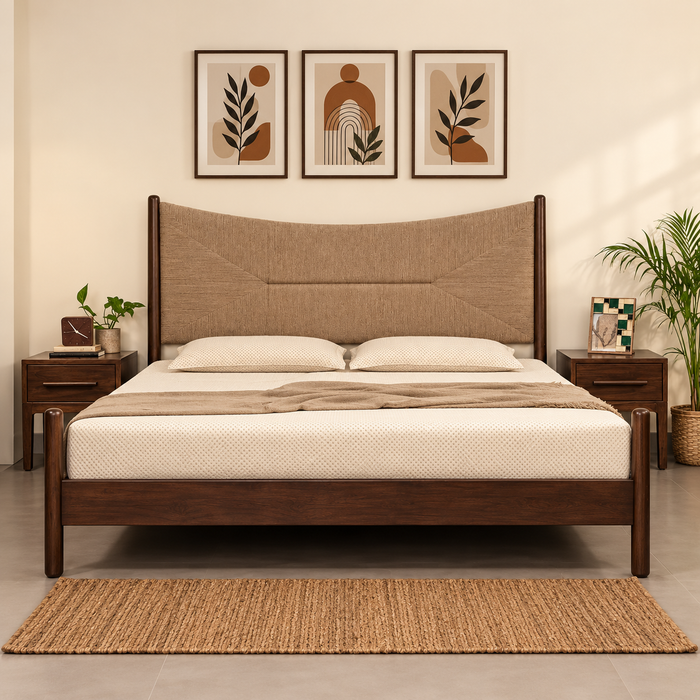 Teak Wood King Size Bed Without Storage - Walnut Finish with Jute Headboard Arina Living