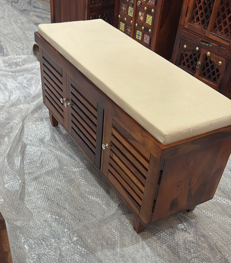Elowen Sheesham Wood Shoe Rack Bench – 3 Doors, Honey Finish - Real View 1