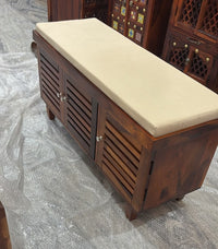 Elowen Sheesham Wood Shoe Rack Bench – 3 Doors, Honey Finish