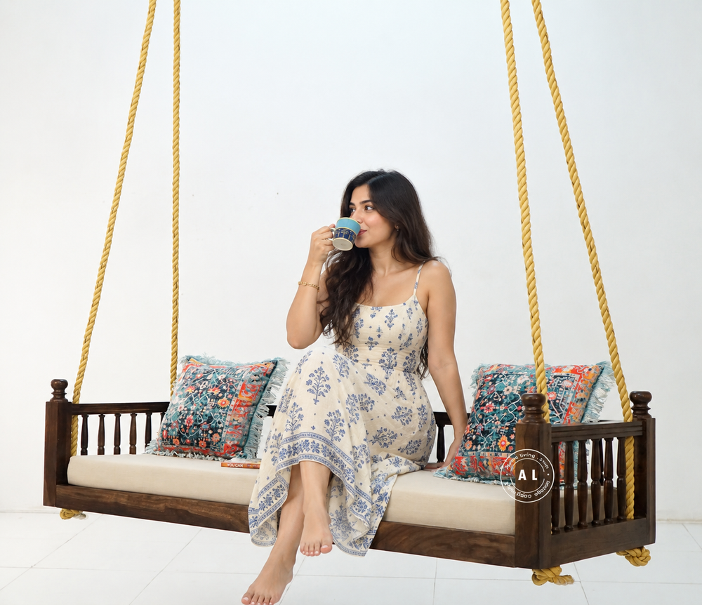 Sheesham Wood Swing Chair with Fabric Seat – Walnut Finish Arina Living