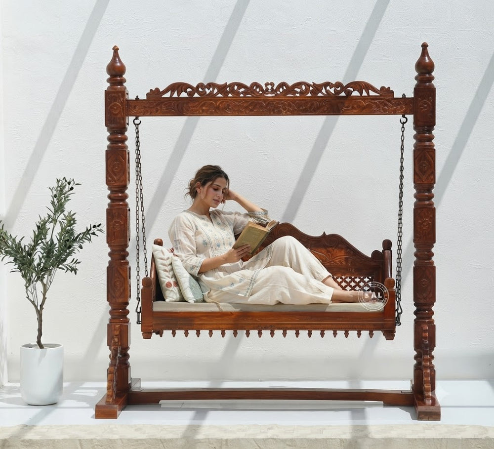 Regis Mango Wood Hand-Carved Swing (Jhula) with Stand – Honey Finish Arina Living