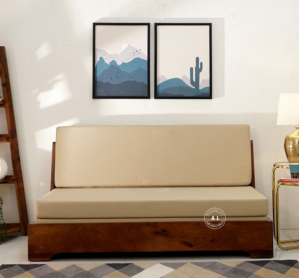 Sheesham Wood Sofa Cum Bed With Armrests Arina Living