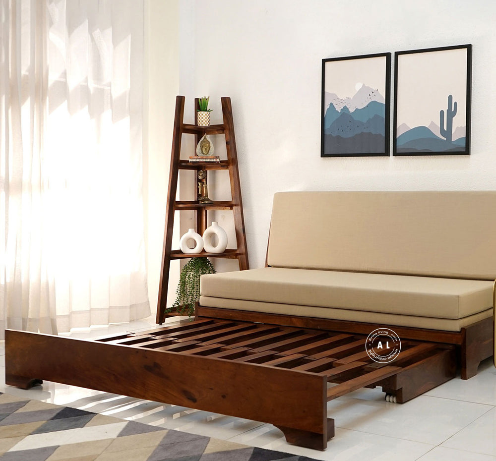 Sheesham Wood Sofa Cum Bed With Armrests Arina Living