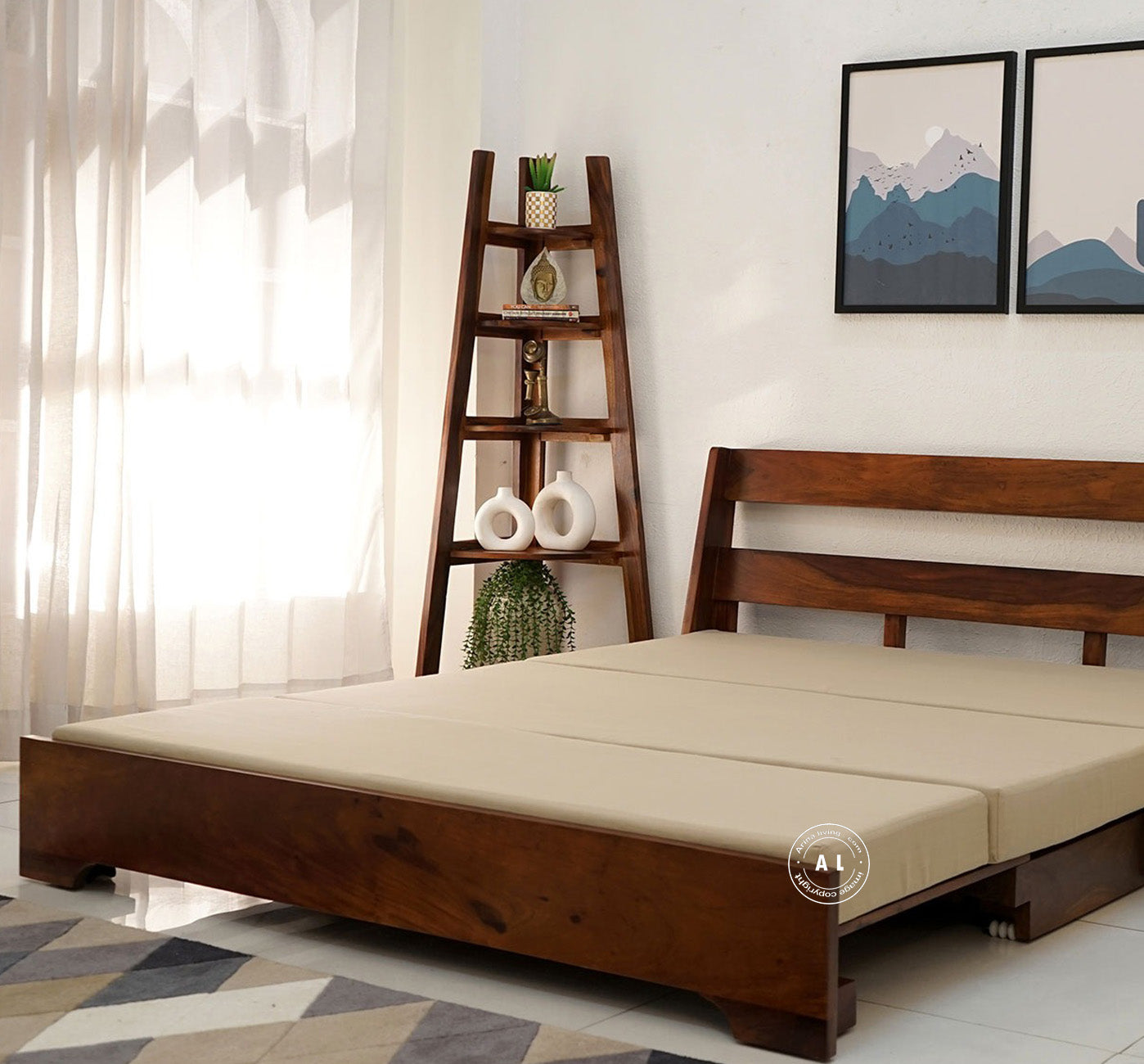 Sheesham Wood Sofa Cum Bed With Armrests Arina Living