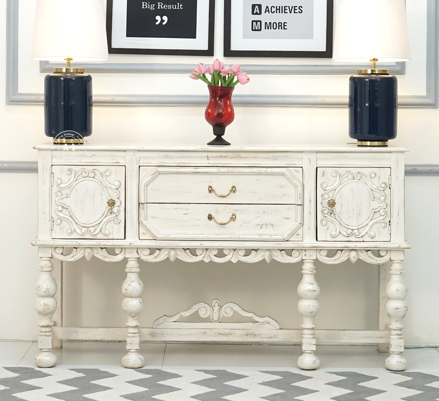 Wooden Carved Console Table - white finish