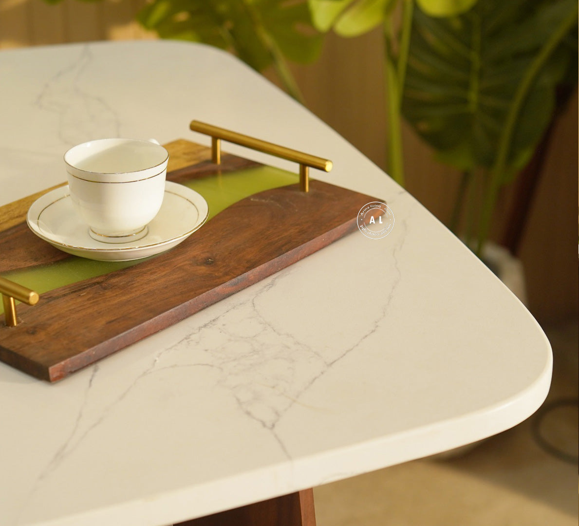 6 Seater Sheesham Wood Dining Table with Marble Top - Teak Finish Arina Living