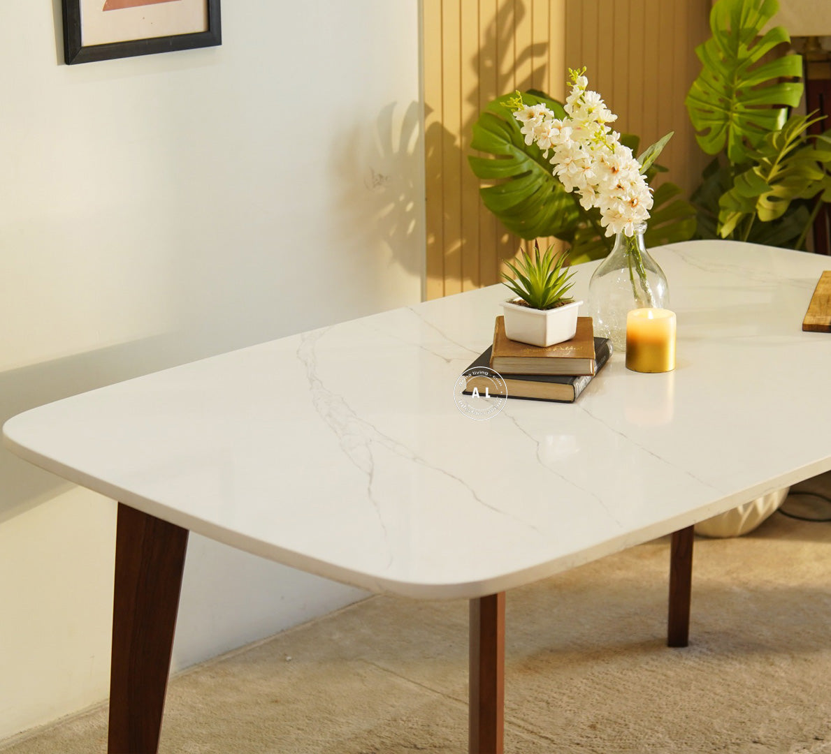 6 Seater Sheesham Wood Dining Table with Marble Top - Teak Finish Arina Living