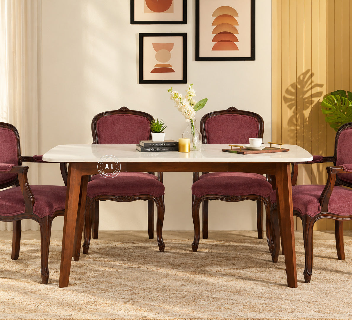 6 Seater Sheesham Wood Dining Table with Marble Top - Teak Finish Arina Living