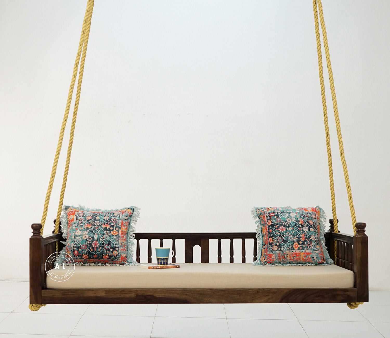 Sheesham Wood Swing Chair with Fabric Seat – Walnut Finish Arina Living
