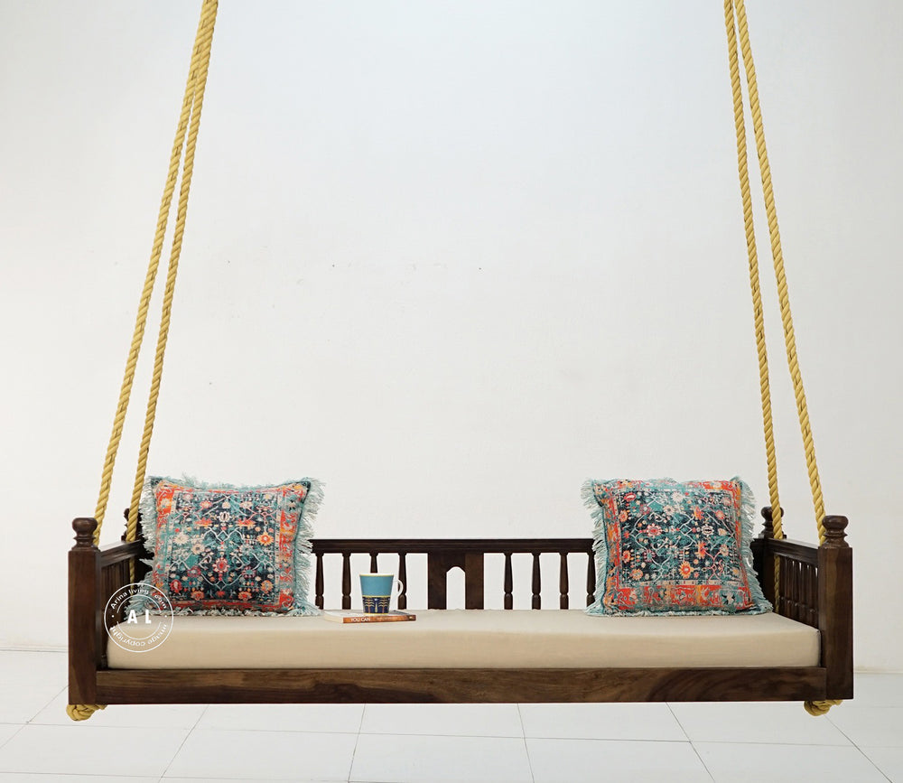 Sheesham Wood Swing Chair with Fabric Seat – Walnut Finish Arina Living