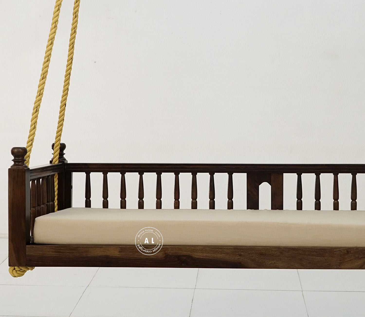 Sheesham Wood Swing Chair with Fabric Seat – Walnut Finish Arina Living