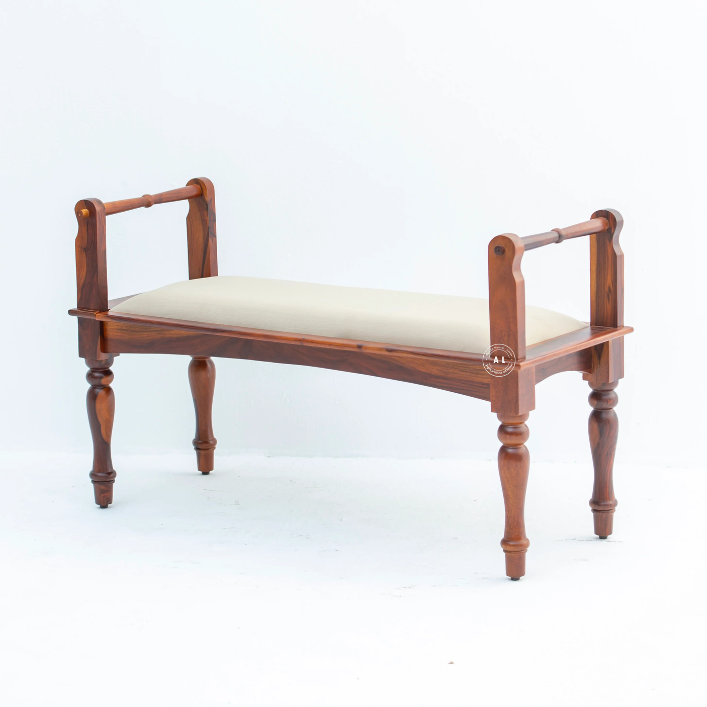 Loren Wooden Bench with Cushioned Seat – Sheesham Wood - Honey Finish