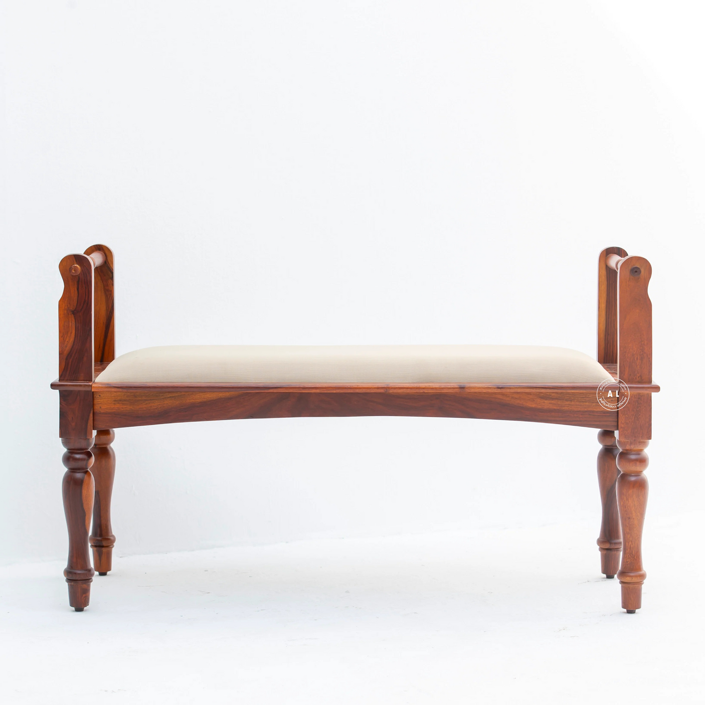 Loren Wooden Bench with Cushioned Seat – Sheesham Wood - Honey Finish