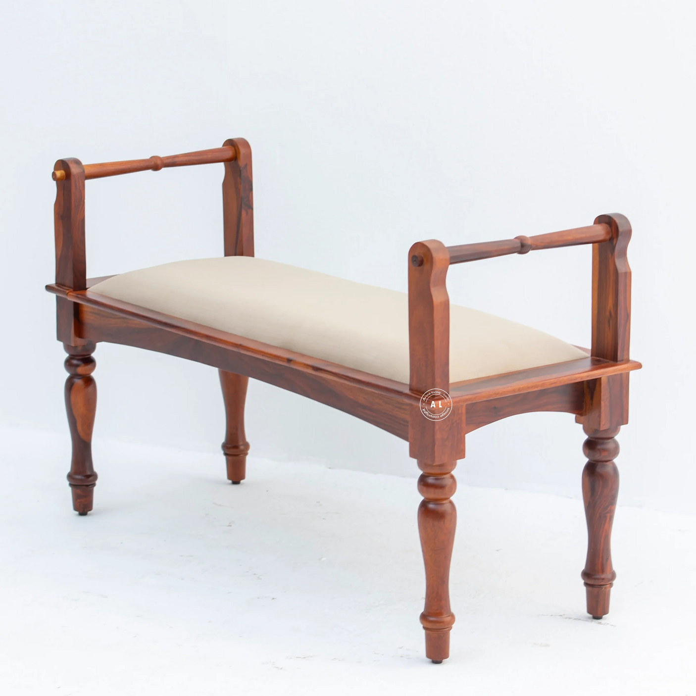 Loren Wooden Bench with Cushioned Seat – Sheesham Wood - Honey Finish