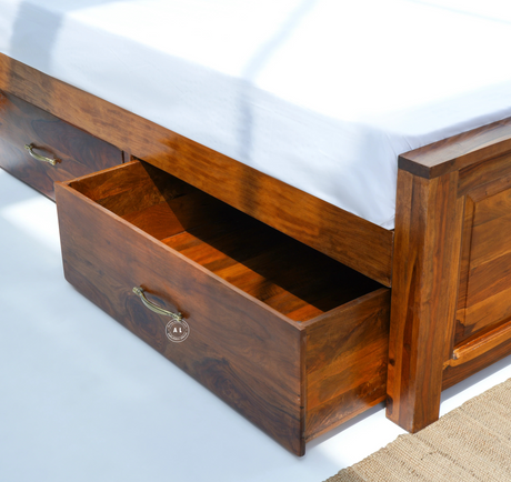 Burry King Size Sheesham Wood Bed with Drawer Storage – Honey Finish Arina Living