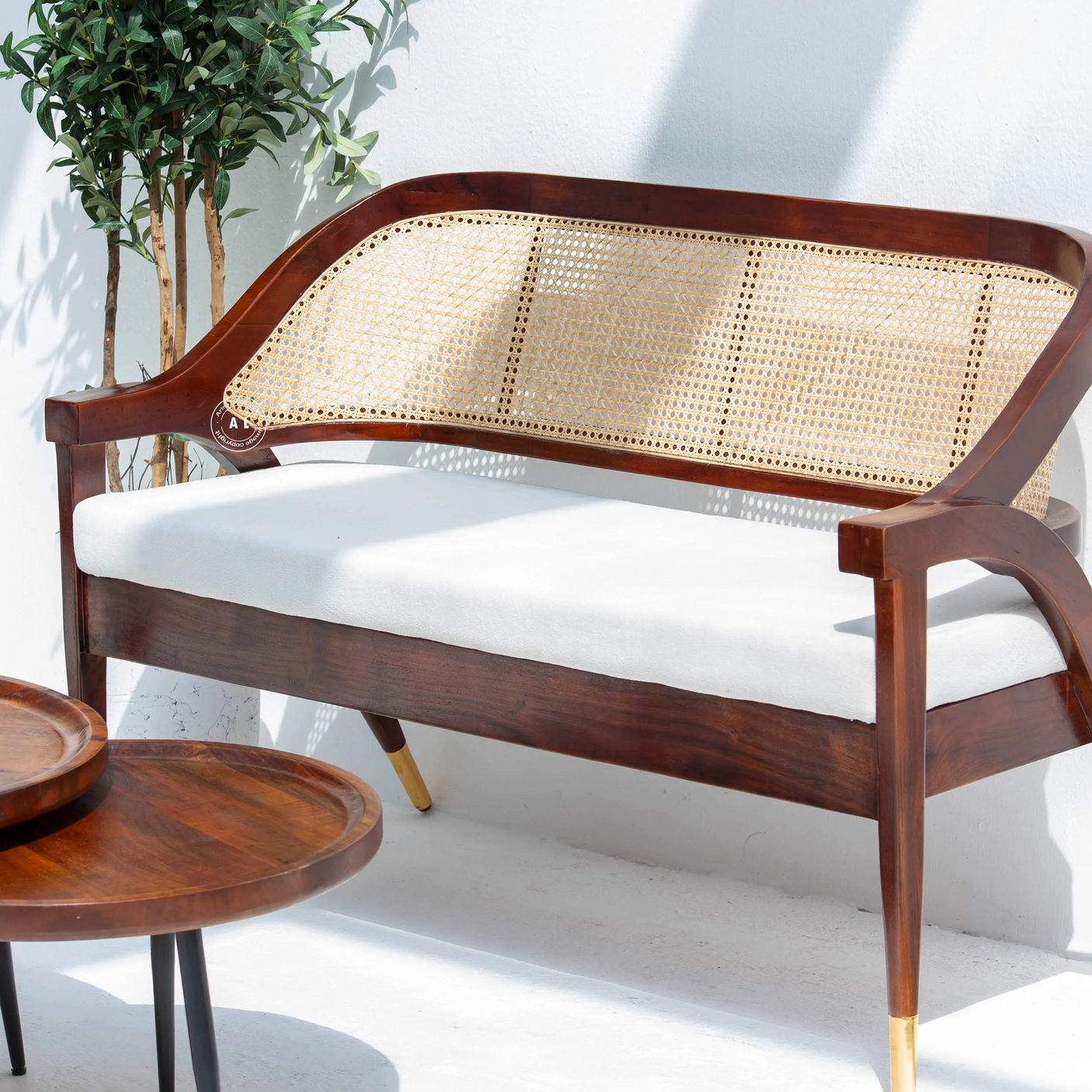 Logist Wooden 3 Seater Sofa in Sheesham Wood & Cane (Honey Finish)