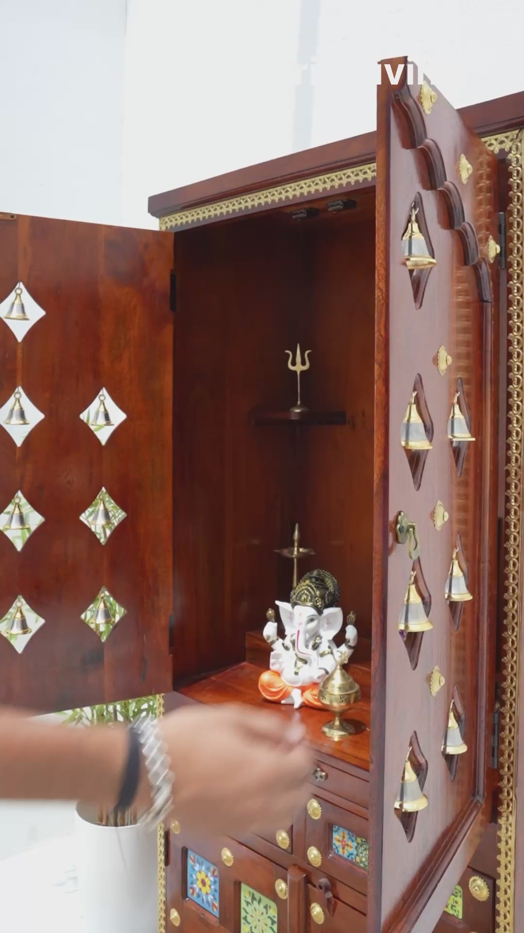 Acacia Wood Floor Standing Temple with Handcrafted Tile Work & Storage Cabinet