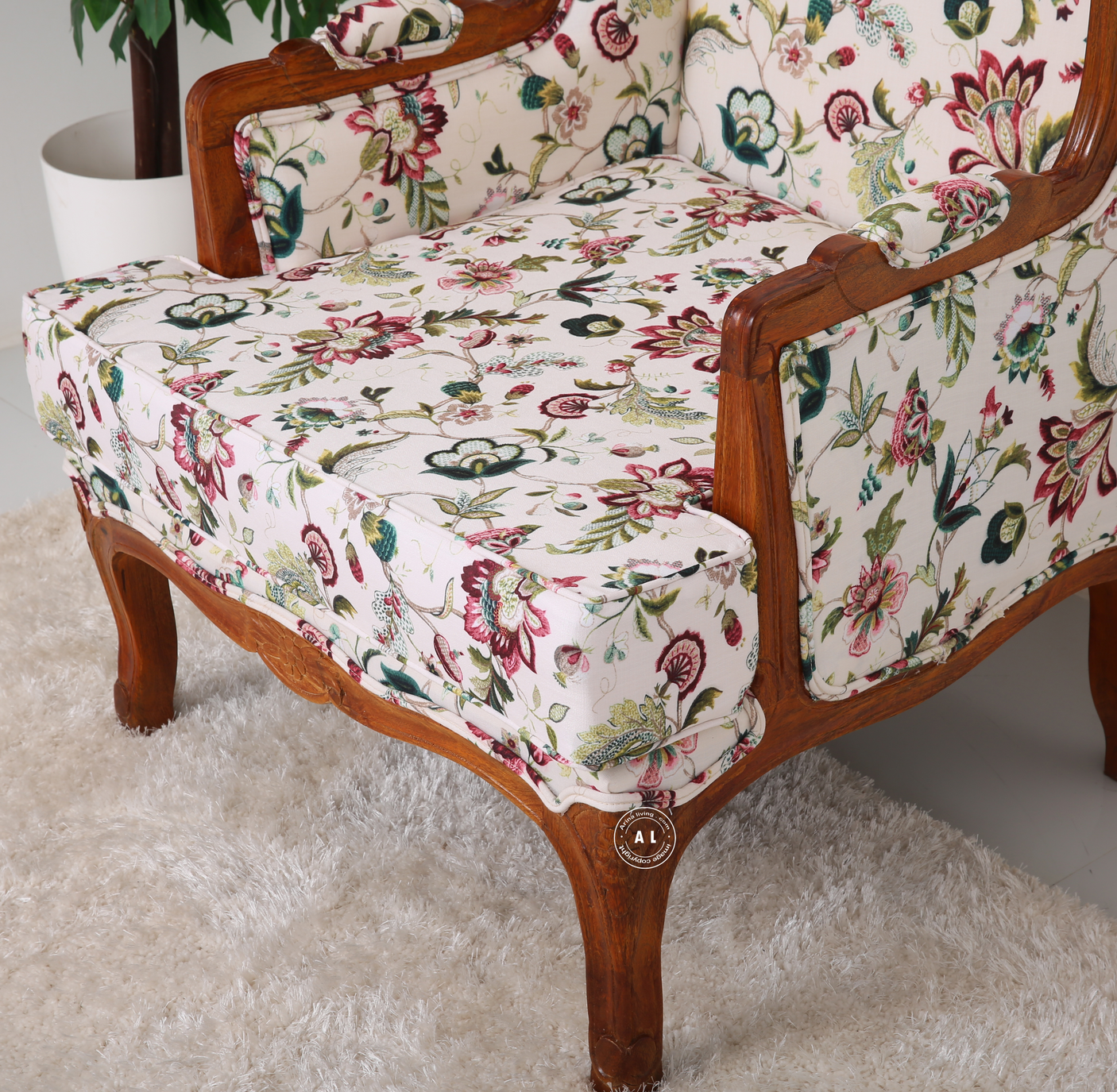 Empire Mango Wood Lounge Chair – Honey Finish Floral Upholstered Accent Chair