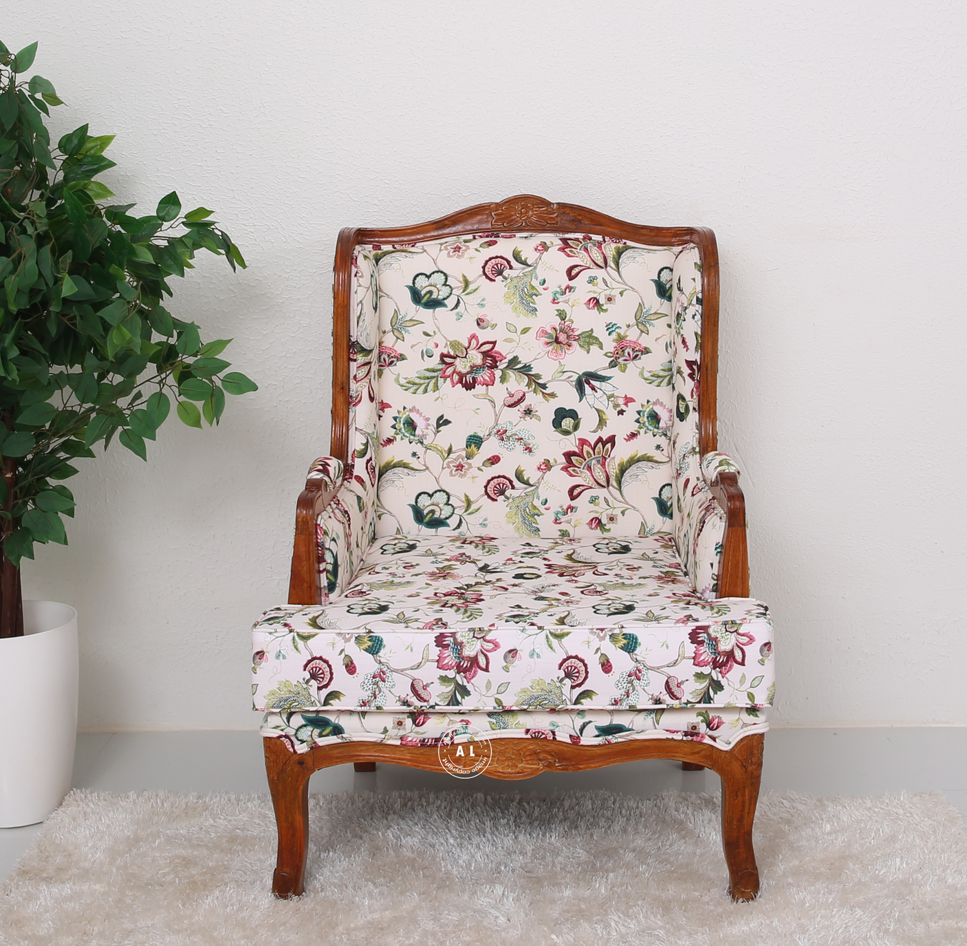 Empire Mango Wood Lounge Chair – Honey Finish Floral Upholstered Accent Chair