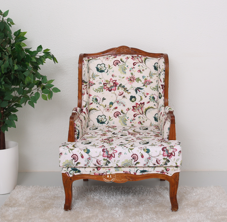 Empire Mango Wood Lounge Chair – Honey Finish Floral Upholstered Accent Chair Arina Living