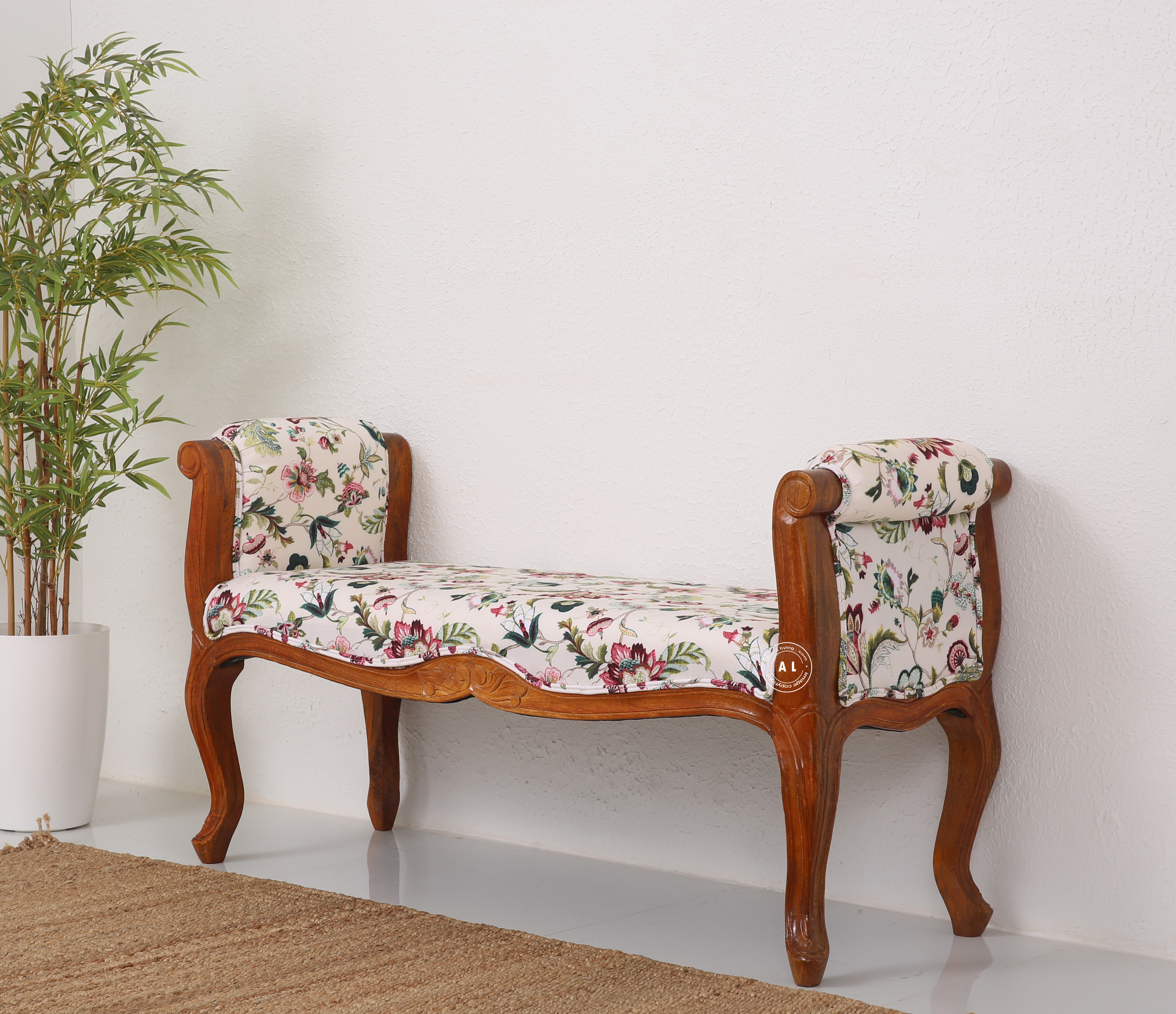 Glidex Mango Wood Bench with Cotton Upholstery – Honey Finish Designer Seating Arina Living