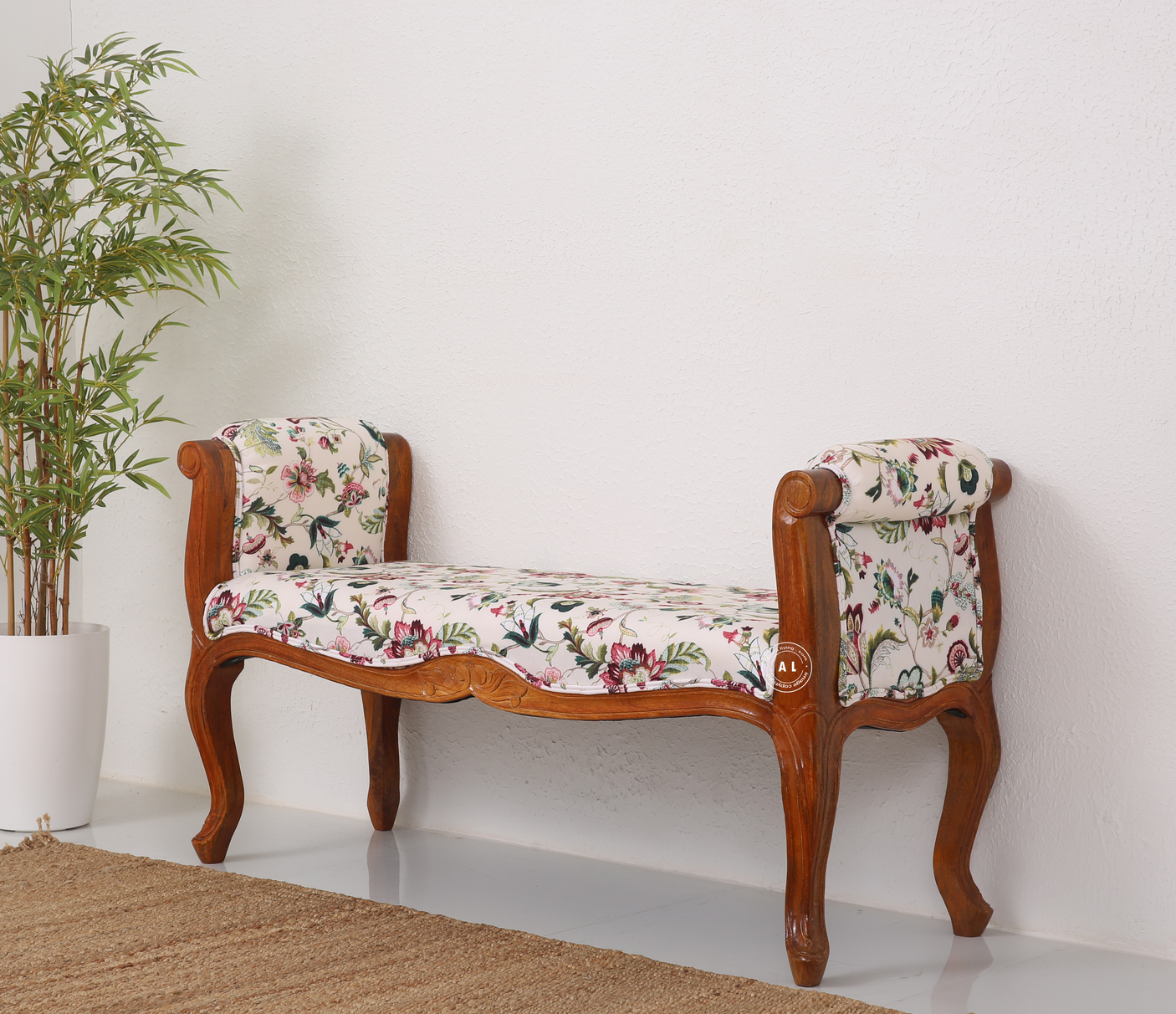 Glidex Mango Wood Bench with Cotton Upholstery – Honey Finish Designer Seating