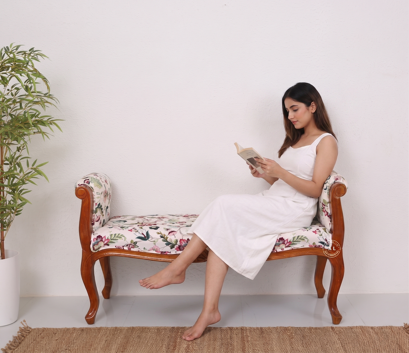 Glidex Mango Wood Bench with Cotton Upholstery – Honey Finish Designer Seating
