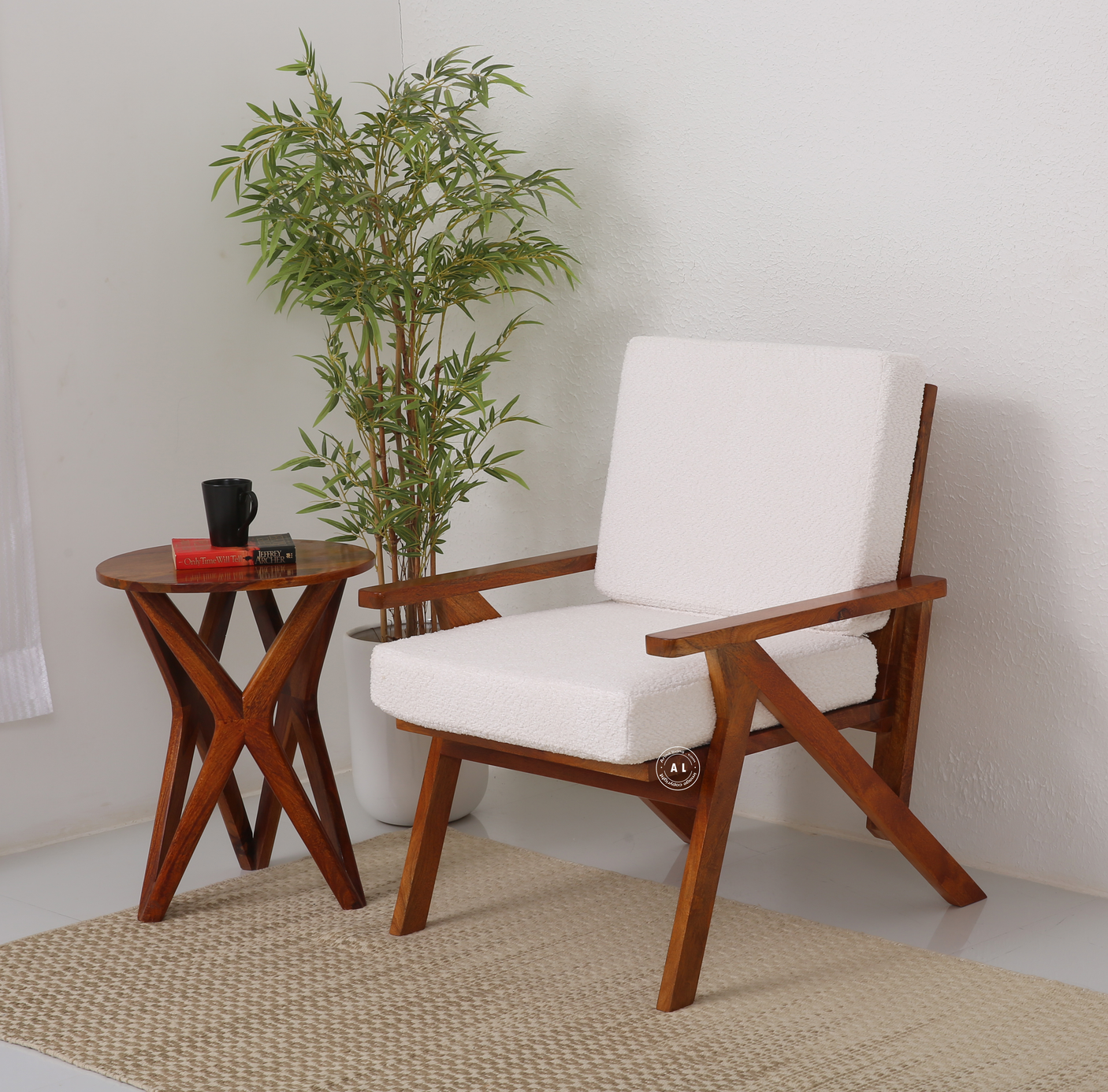 Altora Mango Wood Arm Chair with Boucle Fabric Upholstery – Honey Finish